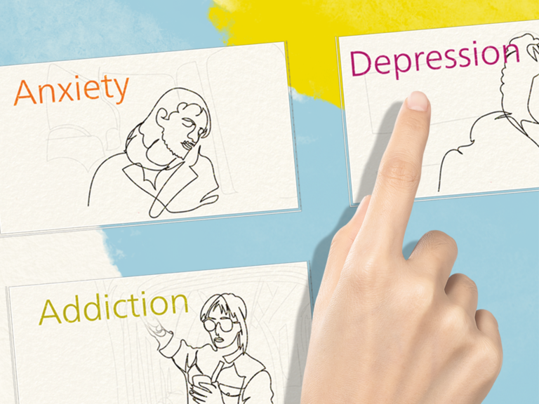 Karten mit den Worten "Anxiety, Depression and Addiction"